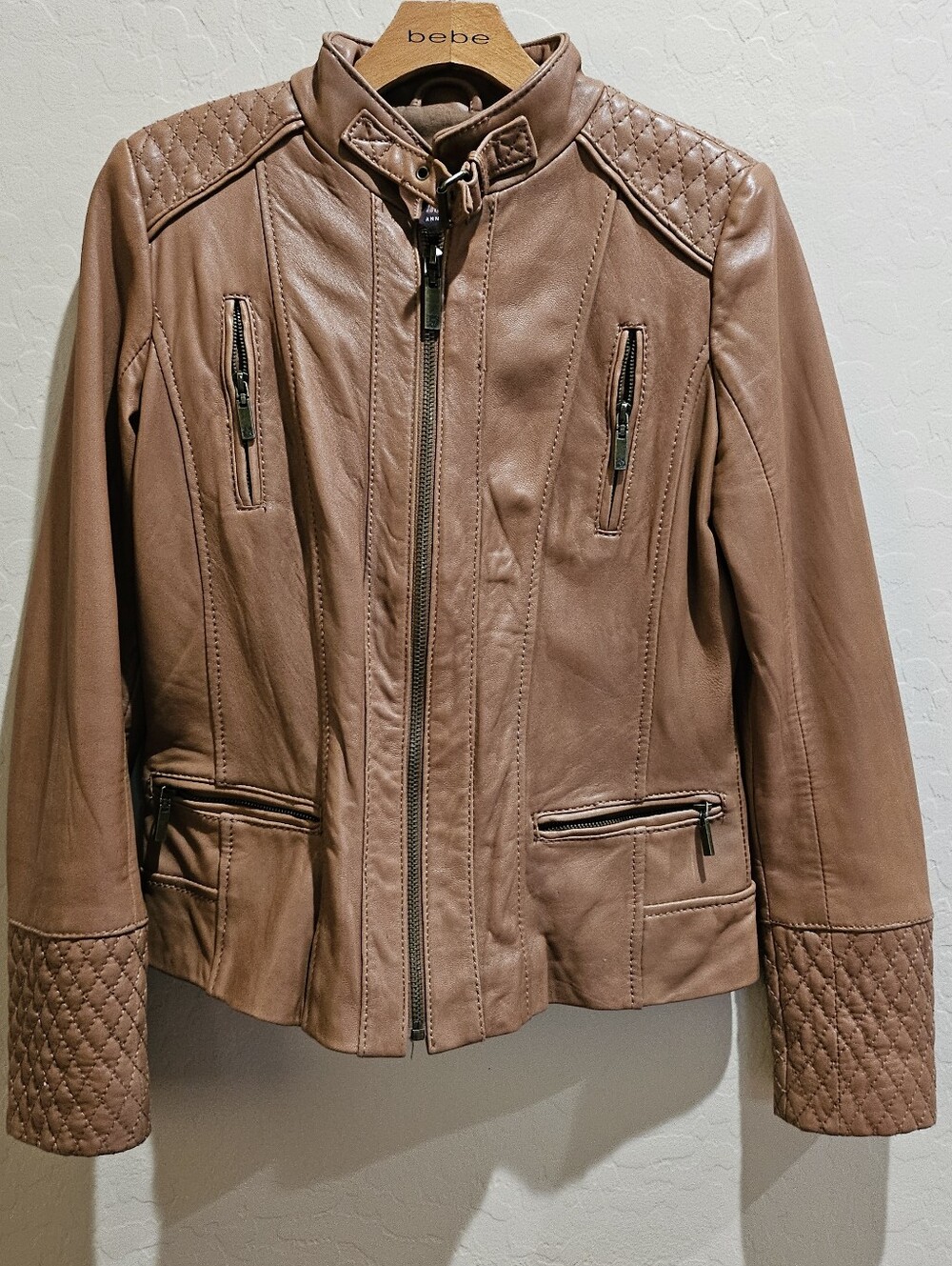 Quilted Shoulder & Cuff Leather Jacket - Tan